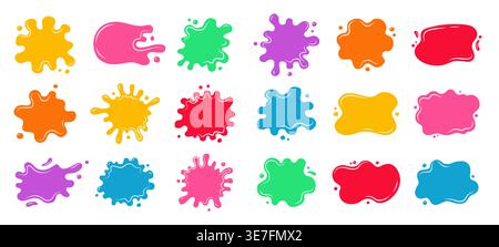 Paint splatters colorful set. Soft spills, drips decorative abstract shapes, liquid banners. Liquid shapes and frames with uneven wavy edges. Fluid puddles, splashes, drops, blobs stains ink forms Stock Vector