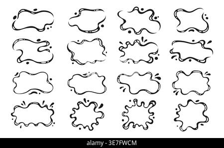 Liquid shapes icon sign set. Symbol fluid puddles, wavy stains splashes oil drops blobs. Bubble watery background for text. Smooth blotches soft uneven spills drips abstract shapes frames design Stock Vector