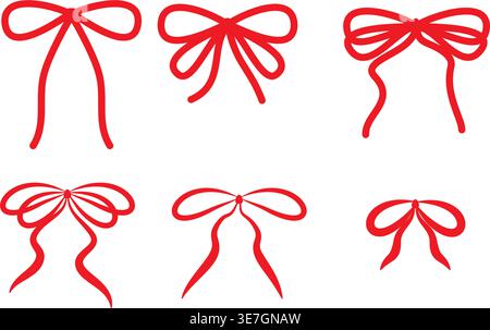 Hand-drawn red bow clipart set in a playful vintage style – adorable bow illustrations collection. Stock Vector