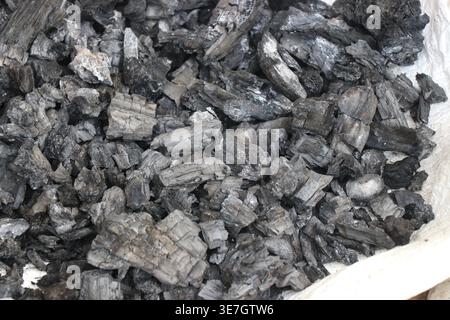 Small pile of charcoal made from burnt wood. Energy sources used in rural areas Stock Photo