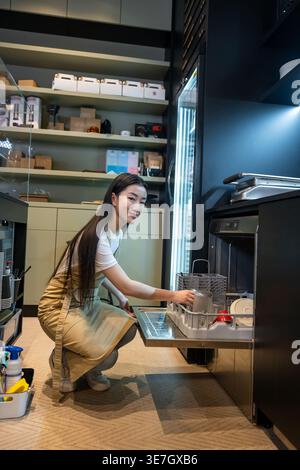 Smiling Asian female cafe worker sitting on her haunches in front of automatic dishwashing machine in cafe Stock Photo
