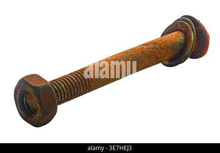 rusty construction bolt close-up on white isolated background Stock Photo