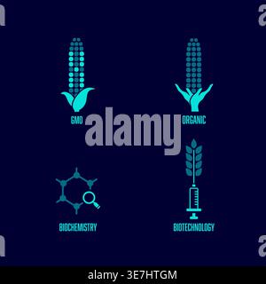 set of biological technology concept comprise of GMO, organic, biochemistry and biotechnology Stock Vector