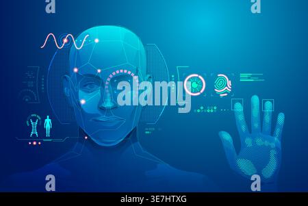 concept of biometrics technology, graphic of human face and fingerprint scanning interface Stock Vector