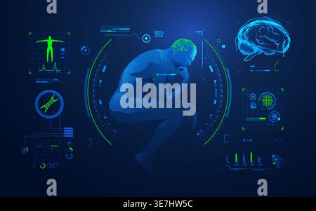 concept of brain analysis or brain research, graphic of thinking man with medical technology interface Stock Vector
