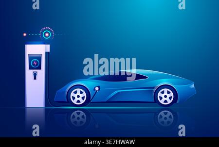 graphic of ev charger station with electric vehicle in modern technology industries Stock Vector