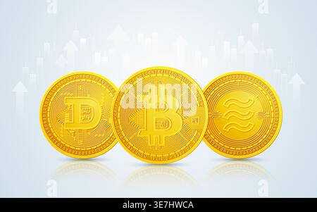 the golden coin of bitcoin, dogecoin and libra coin in cryptocurrency technology with stock market exchange background Stock Vector