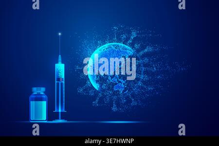 concept of covid-19 vaccination medical technology, graphic of syringe, vaccine bottle and dotted virus combined with globe Stock Vector