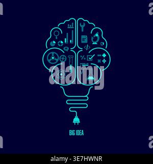 concept of big idea or creative thinking, shape of light bulb combined with human brain Stock Vector