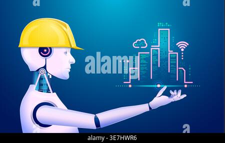 concept of machine learning or deep learning technology, graphic of artificial intelligence or AI holding futuristic city Stock Vector