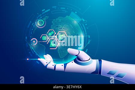 concept of machine learning or internet of things - IOT, graphic of artificial intelligence's hand holding futuristic globe Stock Vector