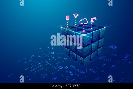 concept of big data or data center, graphic of futuristic cube with digital technology element Stock Vector