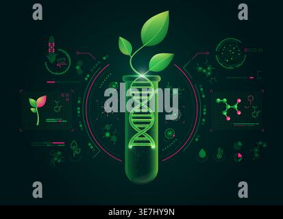 concept of green biotechnology or synthetic biology, graphic of plant combined with DNA shape Stock Vector