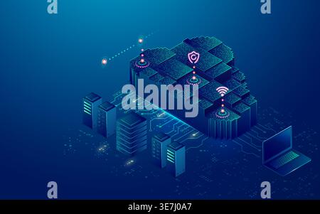 concept of cloud storage or data center, graphic of cloud computing with futuristic technology element Stock Vector