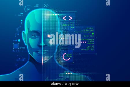 concept of machine learning or innovation technology, graphic of ai head with programming script Stock Vector