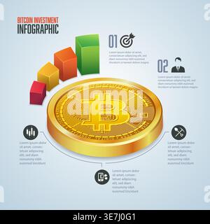 infographic of cryptocurrency invesment, graphic of golden bitcoin in perpective view with financial icons Stock Vector