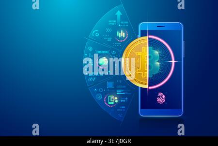 concept of cryptocurrency technology, graphic of mobile phone with bitcoin wallet application Stock Vector