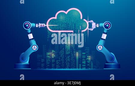 concept of smart city or industry 4.0, graphic of robotic arms with cloud computing and futuristic city Stock Vector