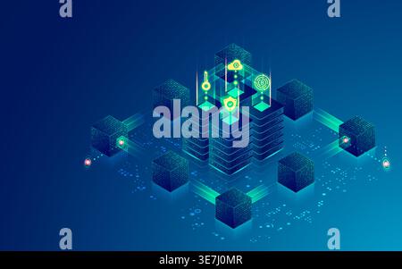 concept of block chain technology or data center, graphic of computer server surrounded by futuristic cube Stock Vector