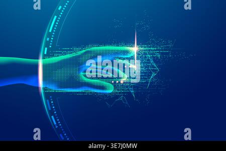 concept of digital transformation or deep learning, graphic of hand reaching with futuristic element Stock Vector