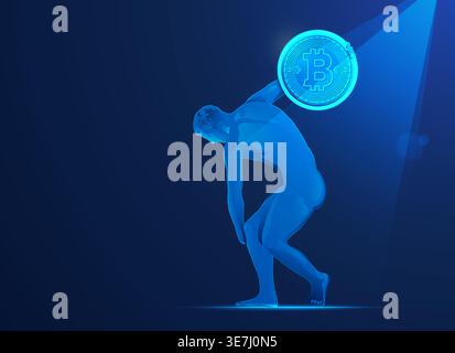concept of bitcoin investment in Europe, graphic of Discobolus going to throw bitcoin Stock Vector