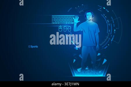 concept of e sport technology, graphic of a teenager as a gamer with futuristic element Stock Vector