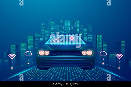 concept of smart car or autonomous vehicles technology, graphic of  driverless car with smart city as background Stock Vector