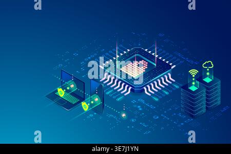 concept of cyber security or data center, grpahic of microchip with futuristic technology system Stock Vector