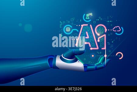 concept of machine learning or artificial intelligence technology, graphic of robot hand with symbol AI and futuristic element Stock Vector