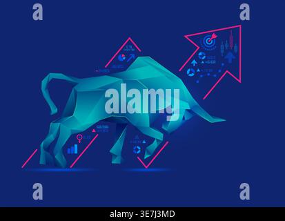 concept of bullish in stock market exchange, graphic of low poly bull with increasing graph Stock Vector