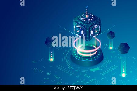 concept of quantum computing or supercomputer, graphic of cube microchip with futuristic technology element Stock Vector