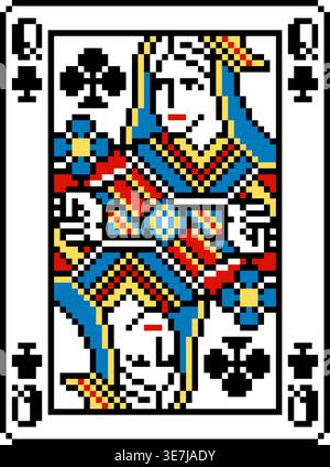 ixel Art Style Queen of Clubs Playing Card Design Stock Vector