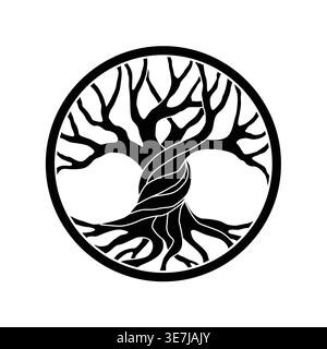 Stylized Tree of Life illustration with roots and branches in circular frame. Suitable for logos, tattoos, spiritual projects, interior decoration, an Stock Vector