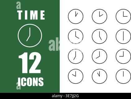 A set of 12 line icons featuring round wall clocks from 1 o'clock to 12 o'clock. Monochrome vector illustrations Stock Vector