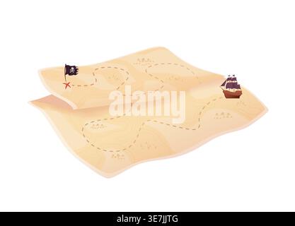 Pirate map with pirate ship and skull and crossbones flag. Route to red mark. Paper map on white background. Vector illustration Stock Vector