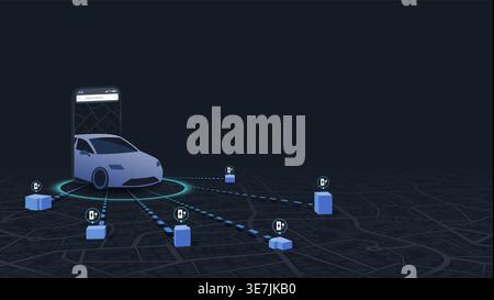 Mobile app designed for flexible online charging solutions. App allows to choose optimal routes for driving. Smartphone displays city map with nearby Stock Vector