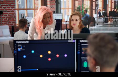 Cybersecurity Engineer Monitors Network Dashboard, Analyzing Threats With Team. Stock Photo
