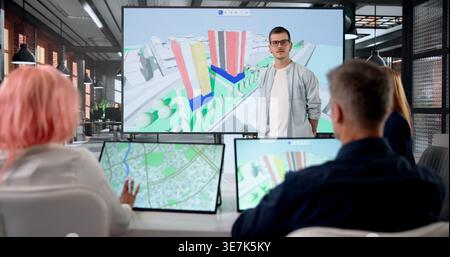 GIS Engineer Explains 3D Digital Twin Maps For Better Urban Property Designs. Stock Photo