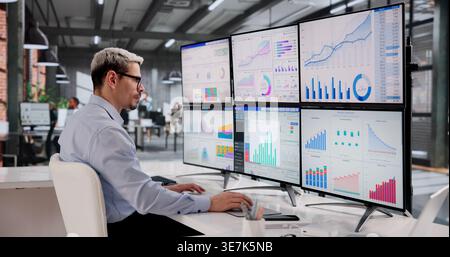 Latinx Business Analyst Analyzing Financial And Market KPIs On Office Computer Screen Stock Photo