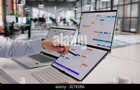 Latinx Professional Enhances Business Process Automation Using Laptop Technology Stock Photo