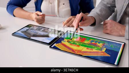 Thermal Imaging Specialist Examines Home Insulation For Heat Loss Detection Stock Photo