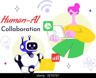 Human AI Collaboration Illustration With People And Robots Working Together, Digital Technology Innovation, Smart Automation and Future Workflow Stock Vector