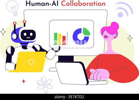 Human AI Collaboration Illustration With People And Robots Working Together, Digital Technology Innovation, Smart Automation and Future Workflow Stock Vector