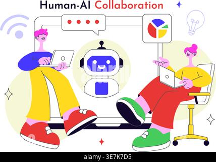 Human AI Collaboration Illustration With People And Robots Working Together, Digital Technology Innovation, Smart Automation and Future Workflow Stock Vector