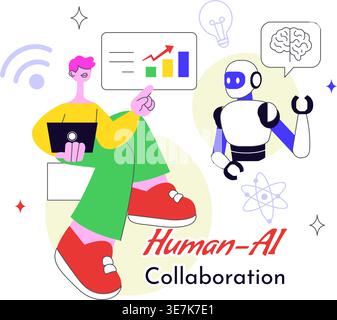 Human AI Collaboration Illustration With People And Robots Working Together, Digital Technology Innovation, Smart Automation and Future Workflow Stock Vector