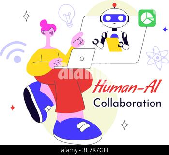 Human AI Collaboration Illustration With People And Robots Working Together, Digital Technology Innovation, Smart Automation and Future Workflow Stock Vector