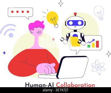 Human AI Collaboration Illustration With People And Robots Working Together, Digital Technology Innovation, Smart Automation and Future Workflow Stock Vector
