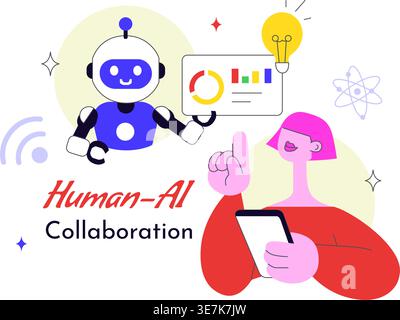 Human AI Collaboration Illustration With People And Robots Working Together, Digital Technology Innovation, Smart Automation and Future Workflow Stock Vector
