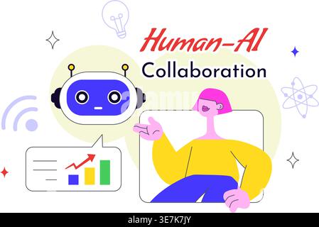 Human AI Collaboration Illustration With People And Robots Working Together, Digital Technology Innovation, Smart Automation and Future Workflow Stock Vector
