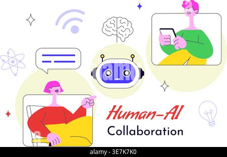 Human AI Collaboration Illustration With People And Robots Working Together, Digital Technology Innovation, Smart Automation and Future Workflow Stock Vector